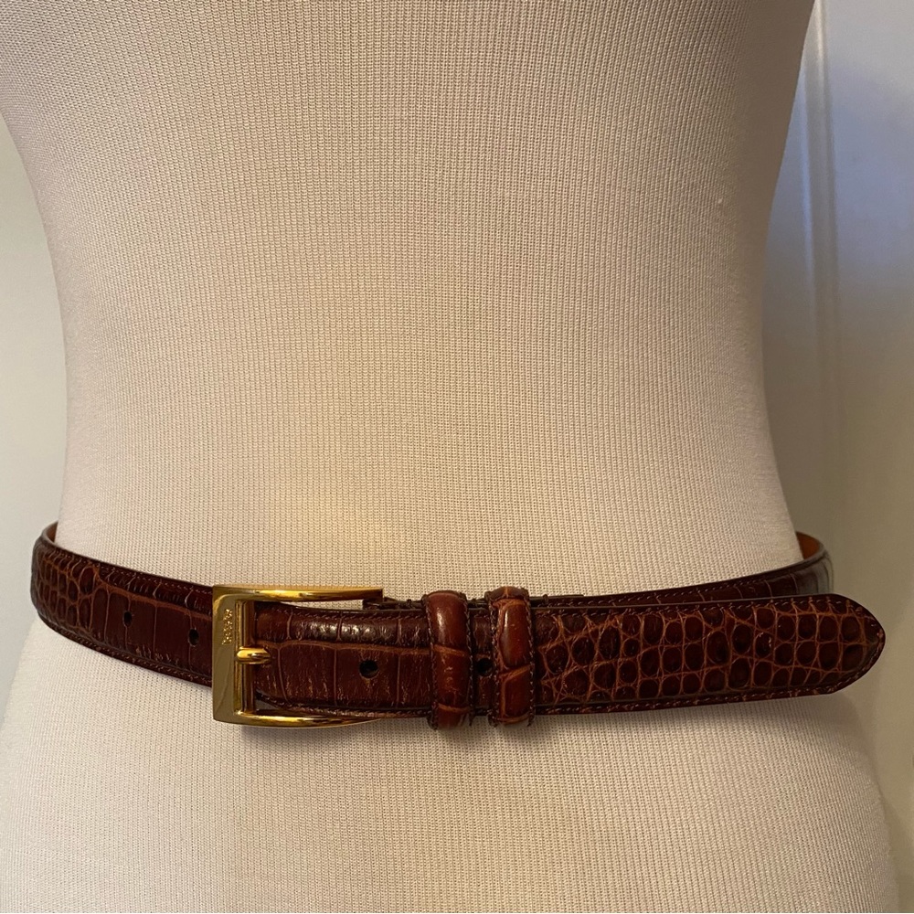 RALPH LAUREN BELT BROWN LEATHER CROC LOOK GOLD TONE BUCKLE SKINNY SIZE M